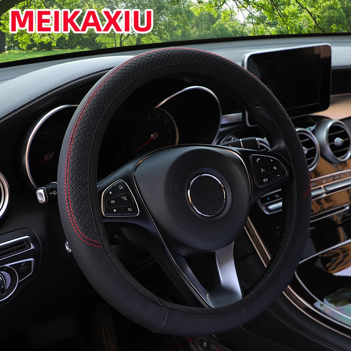 PU leather checkered embossed multi-color car rimless steering wheel cover suitable for 14.5 - 15 inch car interior accessories Beauty World Shop