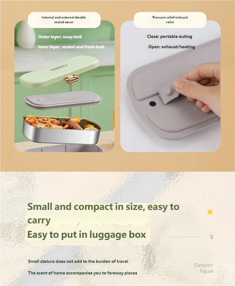 HOMEFISH Stainless Steel Electric Lunch Box Food Warmer Bento Box Water-Free Heating Office Lunch Container with Built-In Heater Beauty World Shop