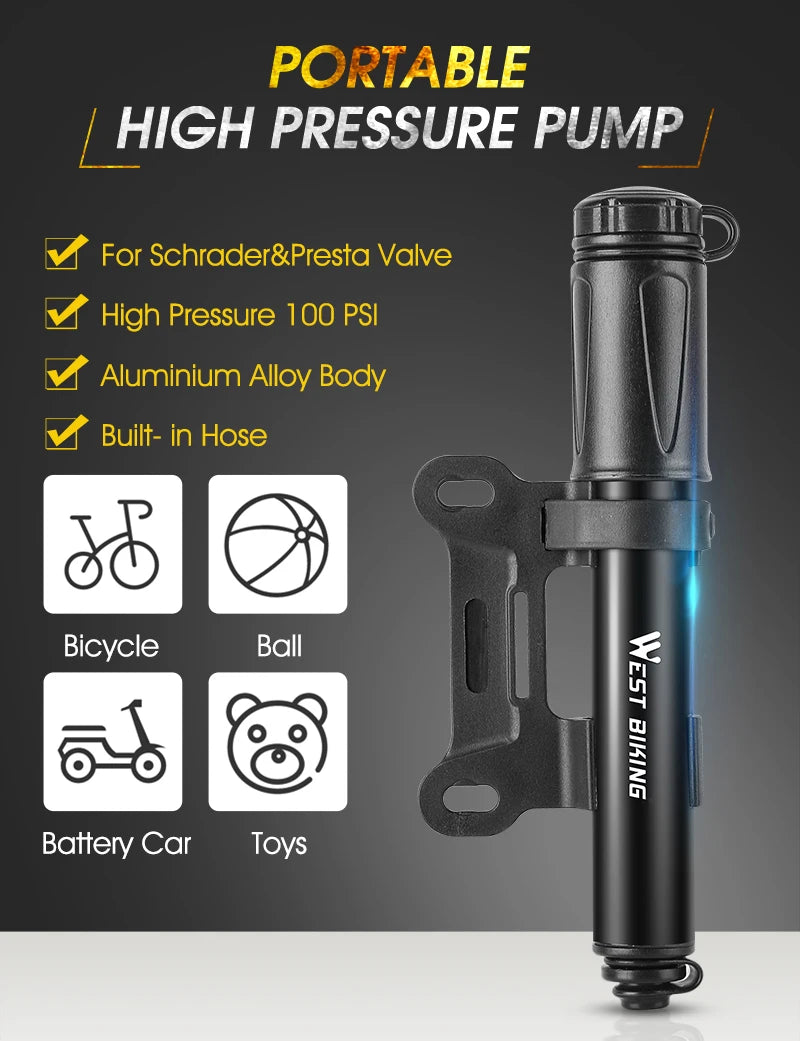 WEST BIKING Mini Bike Pump 100PSI Schrader Presta Valve MTB Road Cycling Pump Aluminum Alloy Bicycle Hand Air Pump Tire Inflator Beauty World Shop
