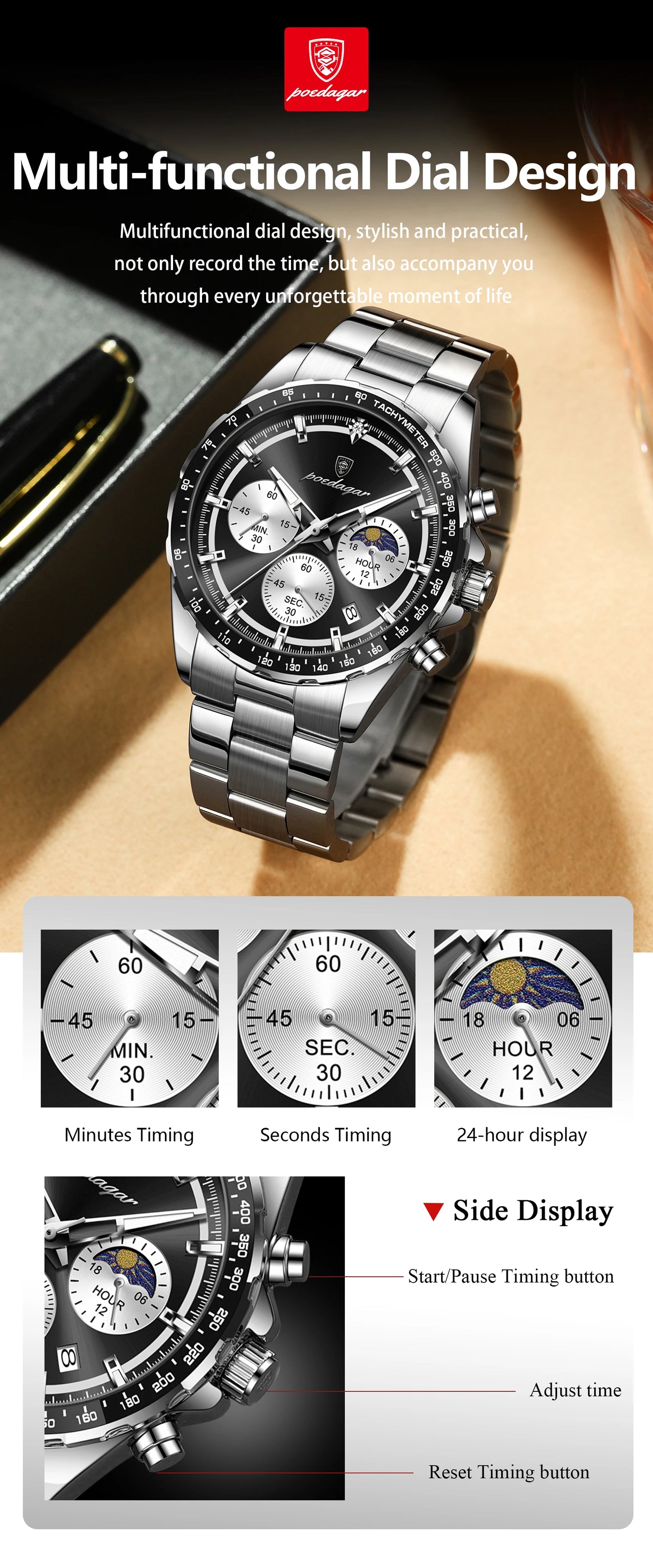 POEDAGAR Business Brand Man Wristwatch Waterproof Stainless Steel Luminous Men Watch Chronograph Date Men's Quartz Watches Reloj Beauty World Shop