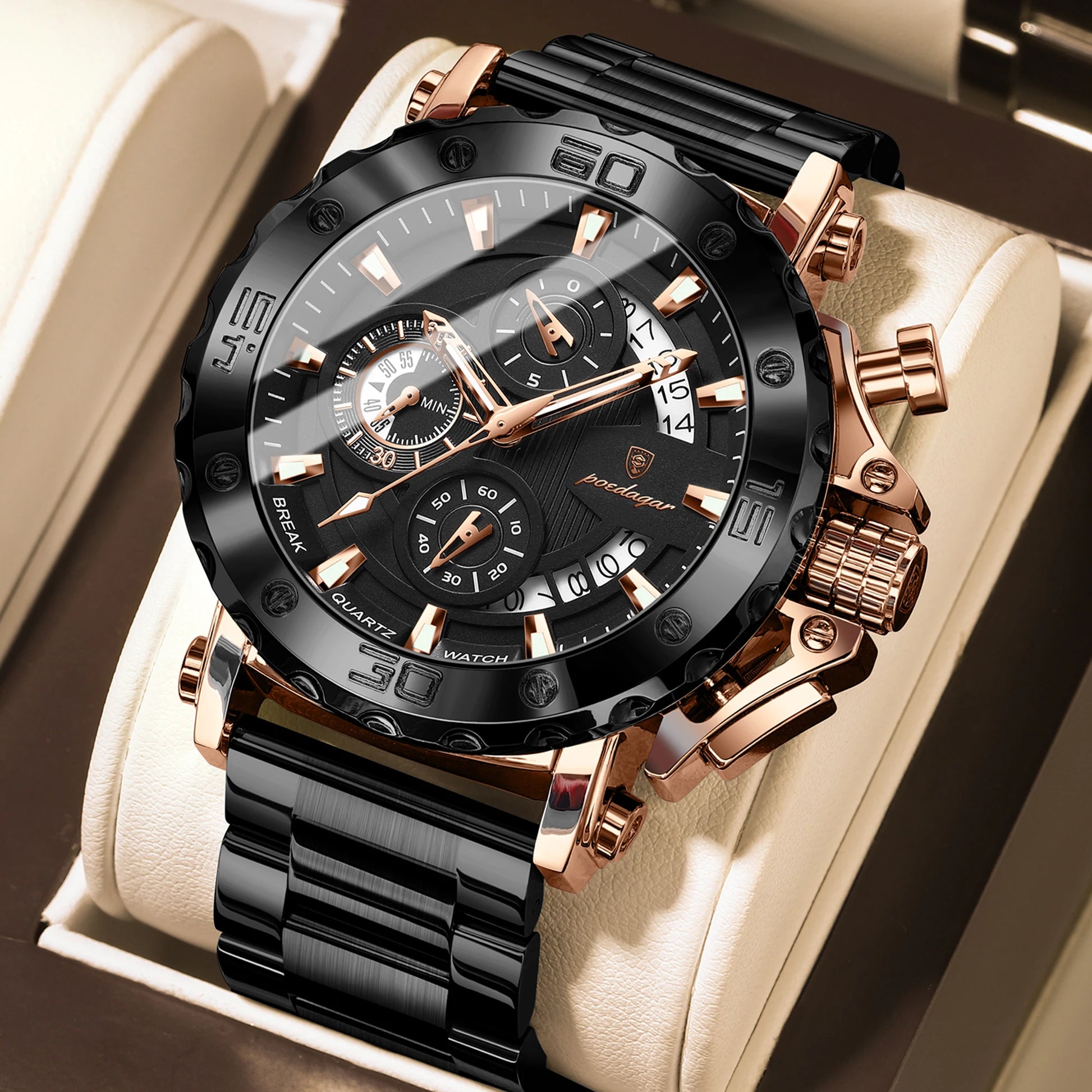 POEDAGAR Luxury Men's Watch Calendar Luminous Waterproof Man Clock Chronograph Stainless Steel Quartz Watches For Men Reloj Gift Beauty World Shop