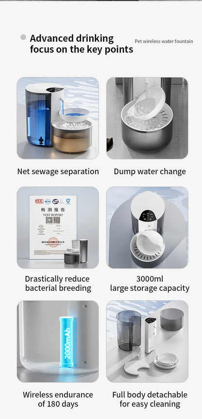 3L Wireless Automatic Pet Water Fountain Rechargeable Dump Water Feeder Timed Smart Cat & Dog Water Dispenser No filter required