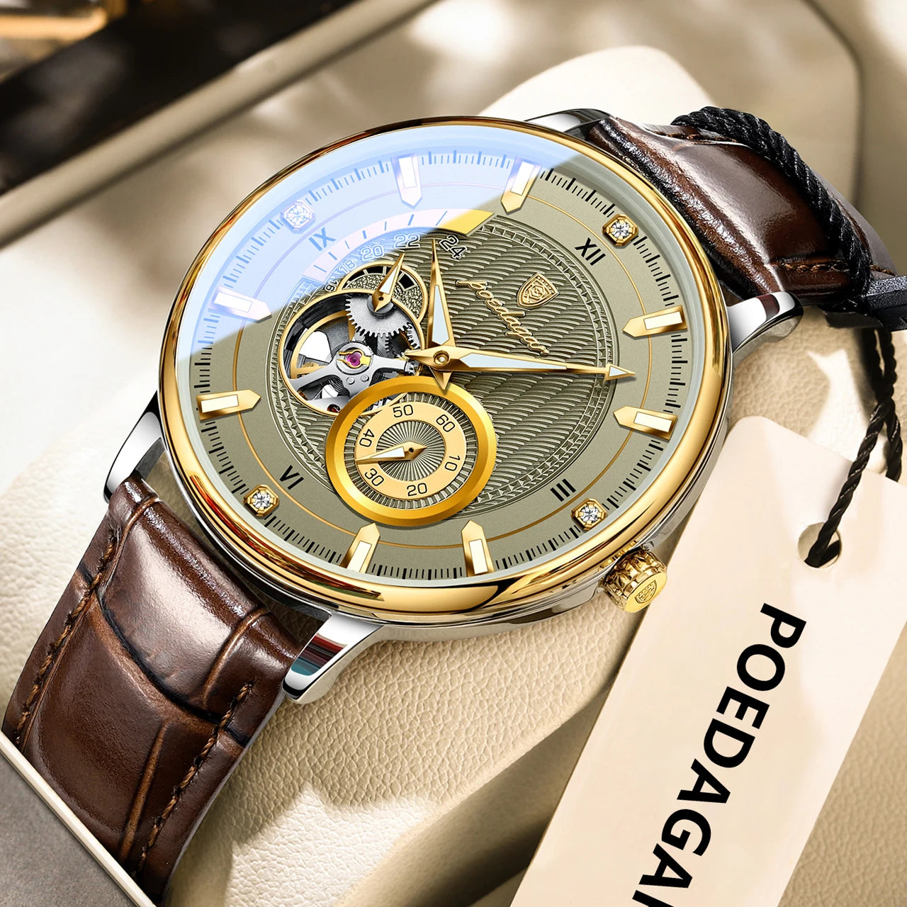 POEDAGAR Fashion Business Men Watch Waterproof Luminous Hollow Tourbillon Male Clock Automatic Mechanical Leather Men's Watches Beauty World Shop