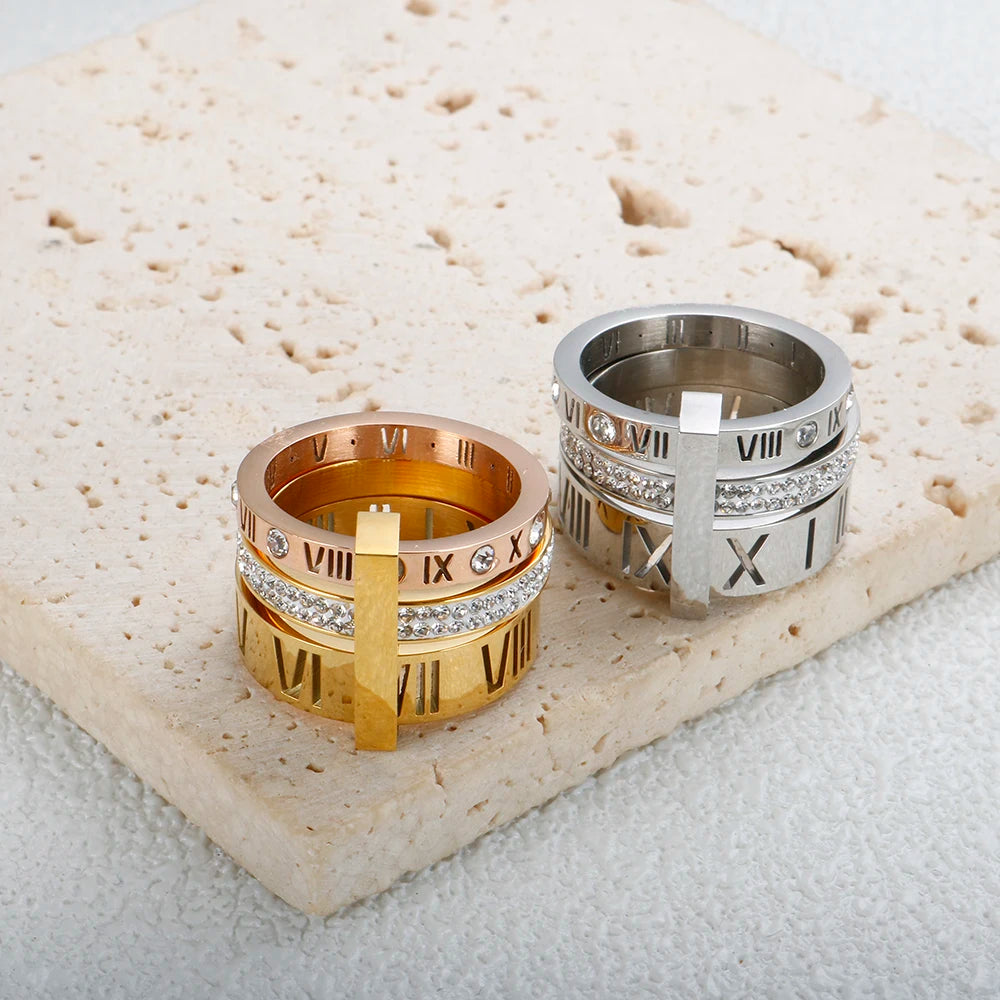 Three Layers Roman Numerals Ring for Women Luxury Stainless Steel Rotatable Crystal Finger Rings Female Wedding Trendy Jewelry Beauty World Shop