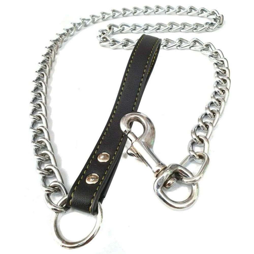 Metal Chain Dog Lead with Leather Style Handle Strong Control Leash Iron Dog Pets Supplies Collars Harnesses Chain Traction Rope Beauty World Shop
