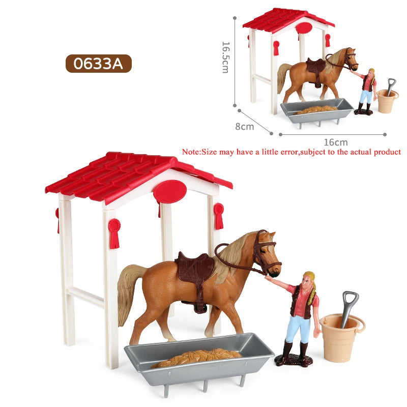 Oenux Farm Stable House Model Action Figures Emulational Horseman Horse Animals Playset Figurine Cute Educational Kids Toy Gift Beauty World Shop