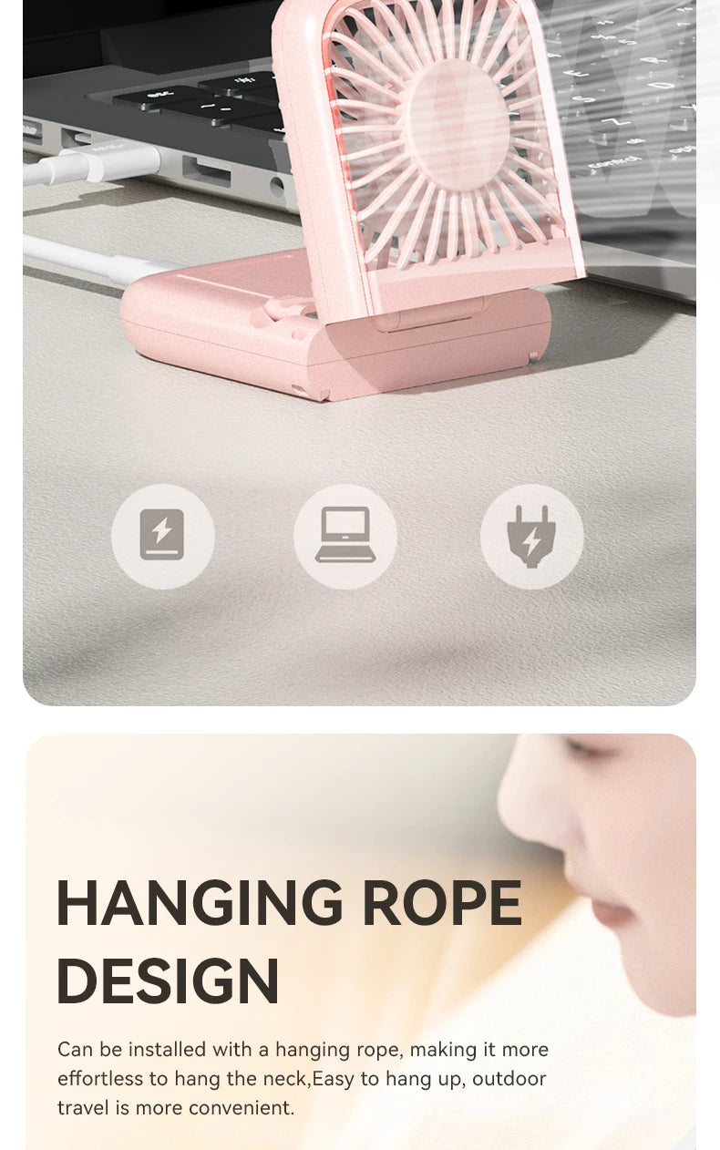 Folding Mini Cooling Air Fan Mobile Phone Holder Power Bank 3000mAh USB Rechargeable Cooling Handheld Desktop Fan with Lanyard