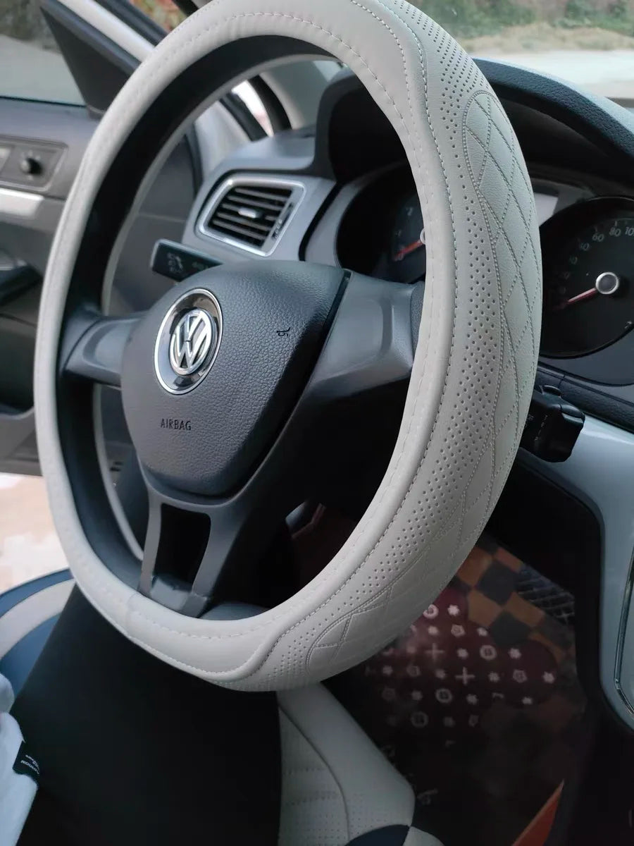 Napa Leather Perforated Patchwork Car Steering Wheel Cover, Non-slip, Breathable, Universal 15 Inch (Approx. 38cm) Beauty World Shop