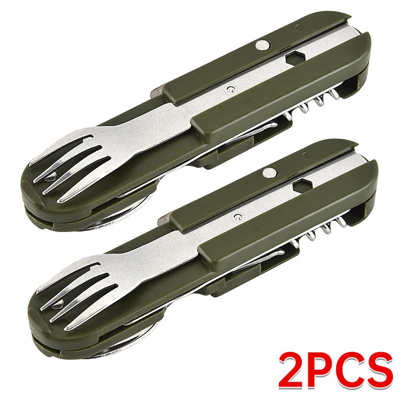 7 in 1 Camping Gear Portable Stainless Steel Spoon Fork Knife and Bottle Opener Combination Set Travel, Backpack Style Tableware Beauty World Shop