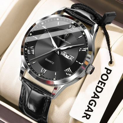 POEDAGAR Business Brand Men Clock Waterproof Luminous Date Week Fashion Man Wristwatch Leather Luxury Men's Quartz Watches Reloj Beauty World Shop