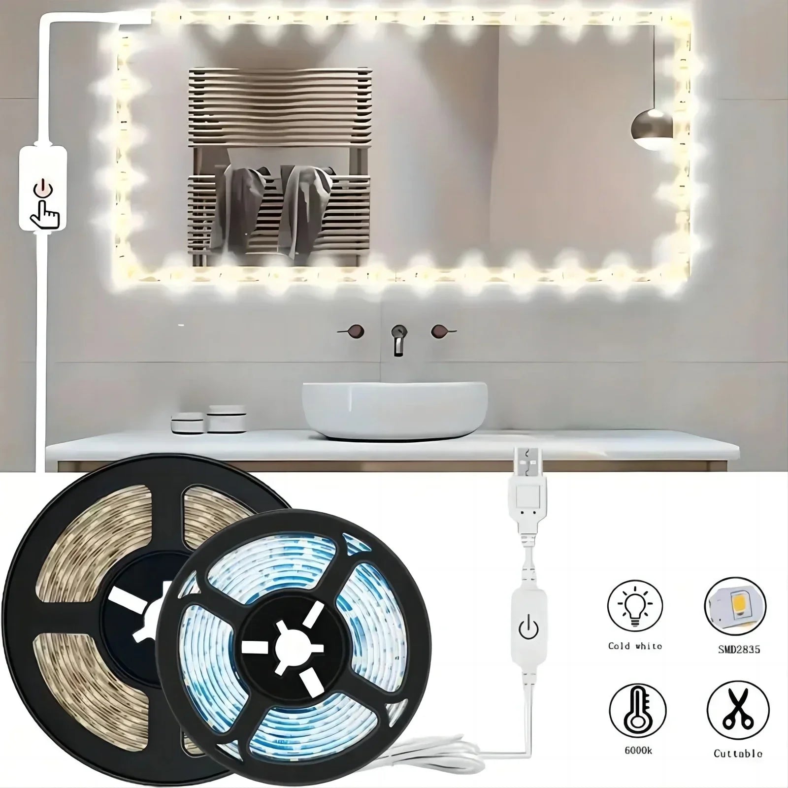 5V 2835 LED Strip Light Touch Sensor Switch Dimmable USB Flexible LED Tape Ribbon Light For Mirror Cabinet Stair Decor Lighting Beauty World Shop