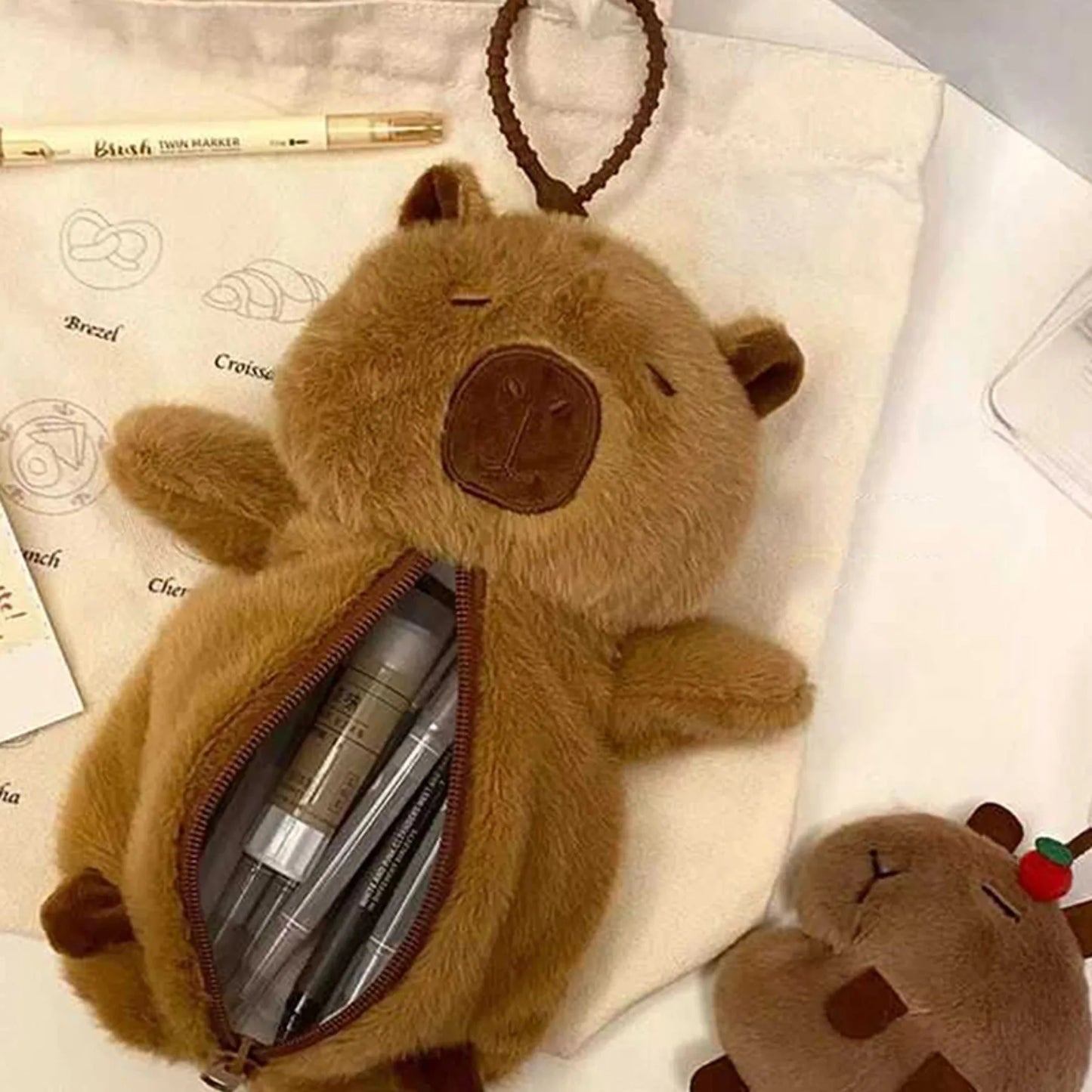 Creative Plush Capybara Pen Bag Large Capacity Pencil Case Multifunctional Stationery Storage Bag Pen Bag Gift Beauty Trend Shop