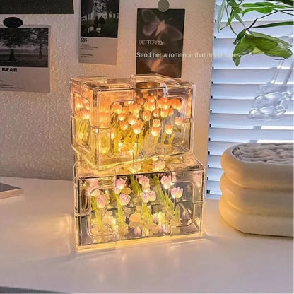 Creative Diy Tulip Flower Sea Cube Three-Dimensional Small Night Lamp Material Package for Girlfriend Couple Girlfriends Beauty World Shop