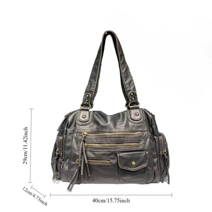 Y2K Hot Girl Single Shoulder Crossbody Bag Vintage Washed Leather Motorcycle Bag Large Capacity Multi Pocket Bag Beauty World Shop