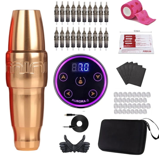 FK Mini PMU Coreless Motor Tattoo Machine Kit  with LCD AURORA 2 Power Supplies 20Pcs RL RM  PMU Cartridge Needles Beauty Trend Shop