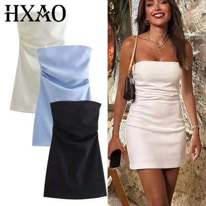 HXAO Dress Women Off Shoulder Corset Short Dresses Ruched Backless Blue Black White Dress Woman Sexy Bodycon Party Dresses Beauty World Shop
