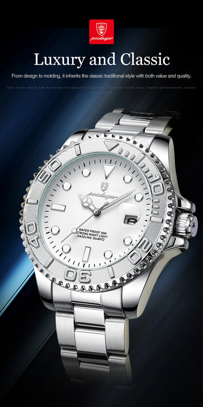 POEDAGAR Casual Fashion Man Wristwatch Waterproof Luminous Date Exquisite Men Watch Stainless Steel Classic Men's Quartz Watches Beauty World Shop