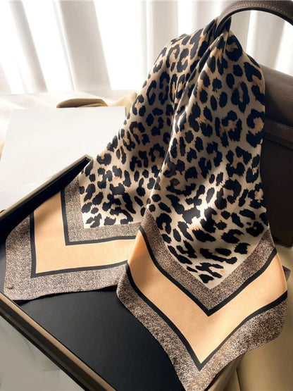 1pcs 70cm Leopard Print Silk Scarf for Women Imitation Silk Light Luxury Versatile Headwear Bag Decoration Clothing Square Scarf Beauty World Shop