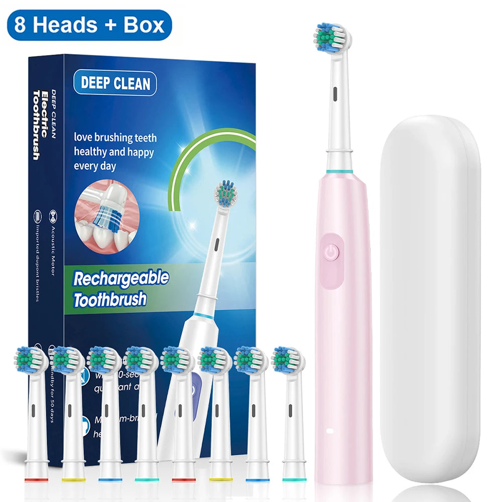 Electric Toothbrush Rotary Rechargeable Electric Toothbrush for Adults Rotating Electric Toothbrushes with 8 Soft Brush Heads Beauty World Shop