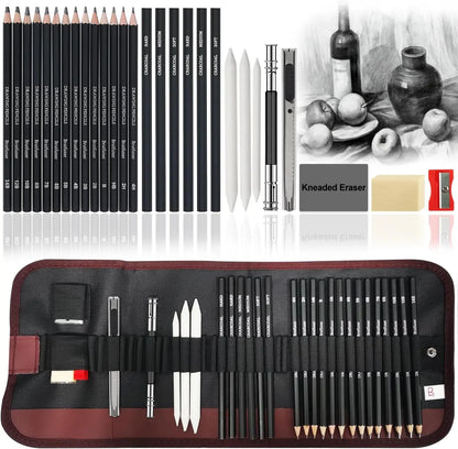 29Pcs Drawing Kit Sketching Pencils Set,Portable Pen Curtain-Charcoal Pencils, Sketch Pencils, Charcoal Stick,Sharpener,Eraser Beauty World Shop