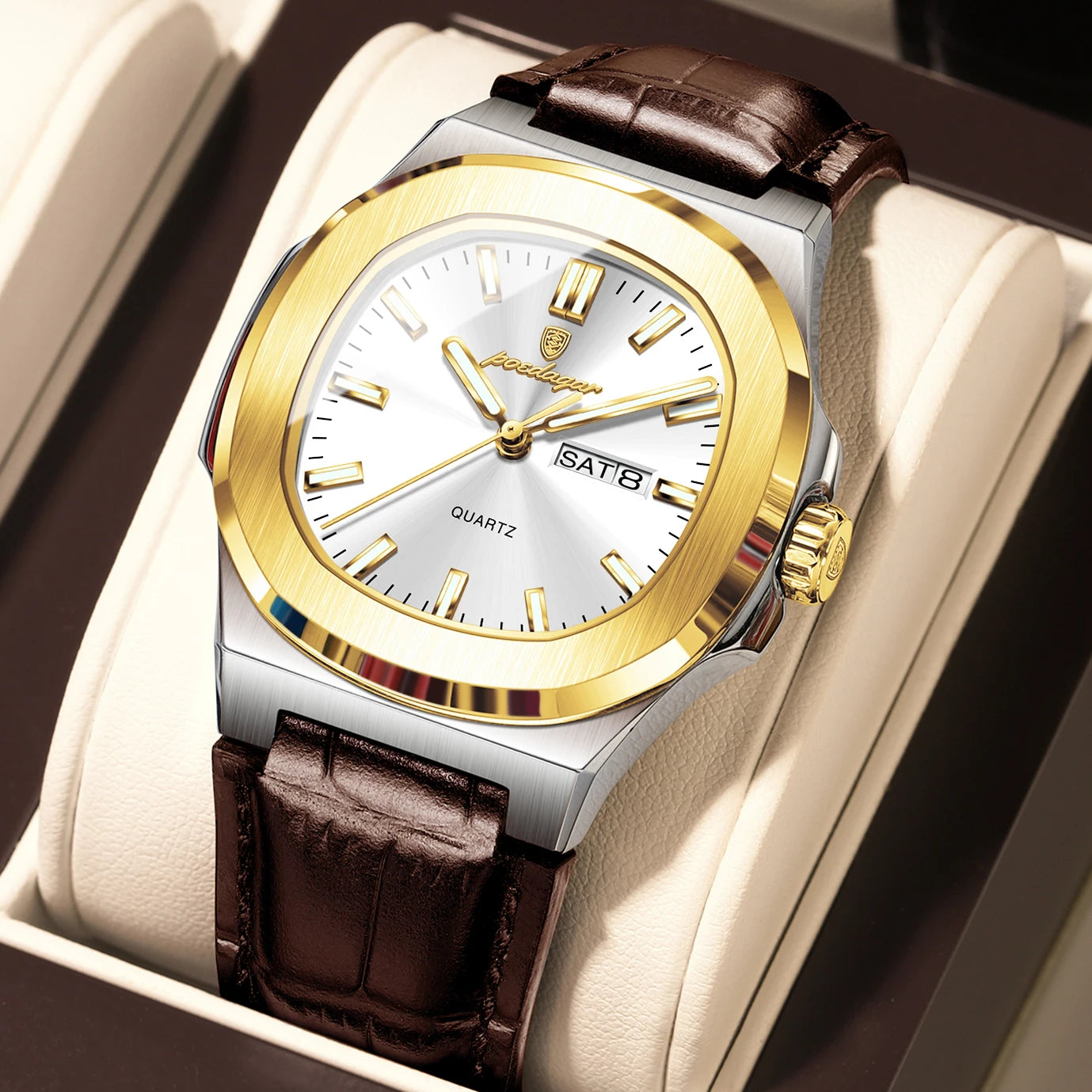 POEDAGAR Square Wristwatch For Men Luminous Waterproof Week Calendar Luxury Man Clock Leather Quartz Fashion Men's Watches Reloj Beauty World Shop