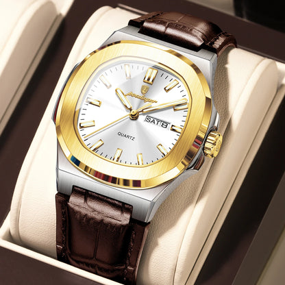 POEDAGAR Square Wristwatch For Men Luminous Waterproof Week Calendar Luxury Man Clock Leather Quartz Fashion Men's Watches Reloj Beauty World Shop