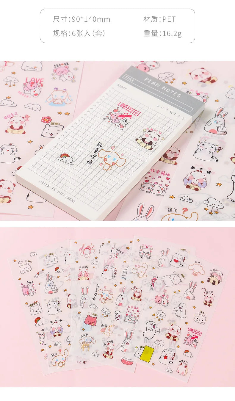 6Pcs/Lot Waterproof Cartoon Transparent Pvc Stickers DIY Hand Account Diary Decorative Stickers Kawaii Phone Cup Stickers Beauty World Shop