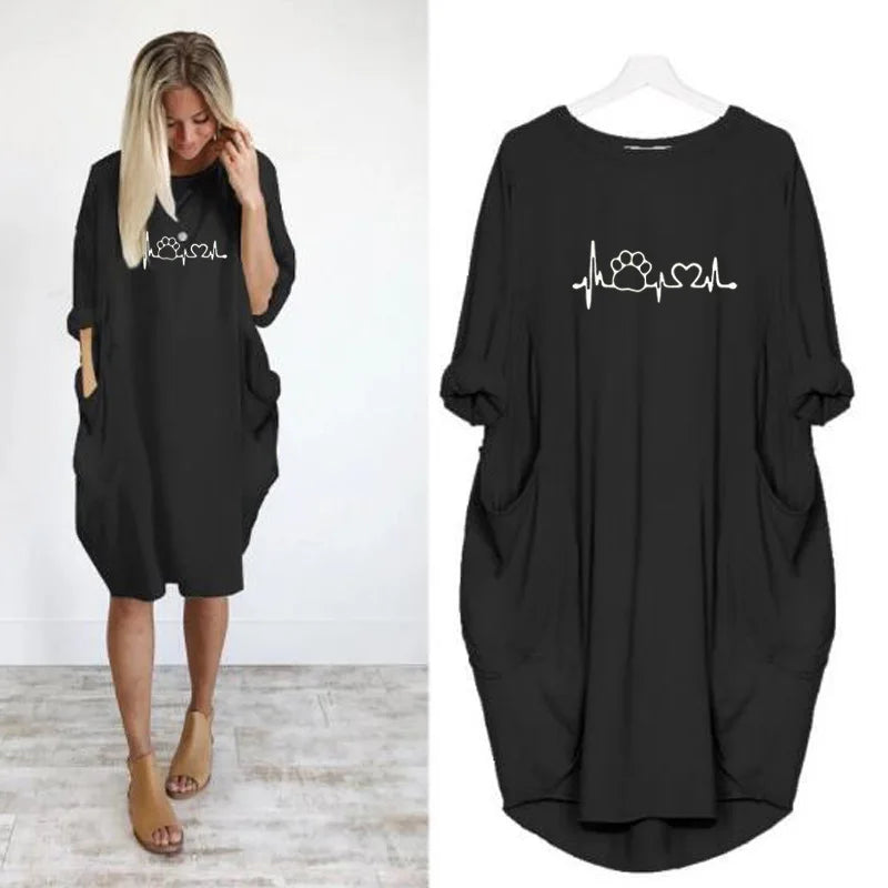 Women's Loose  Long Sleeved Summer Plus Size Dress Autumn  Winter Casual Round Neck Solid Color Long Sleeve Pocket Loose Pullove Beauty World Shop