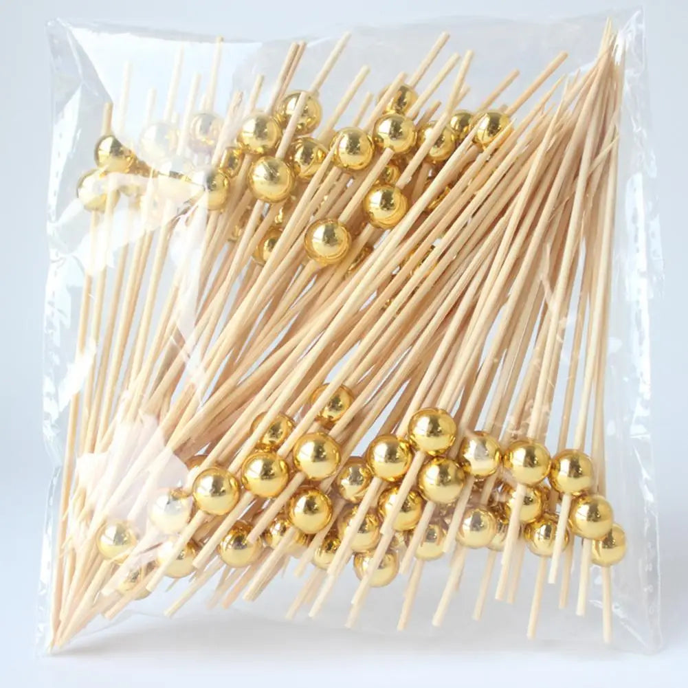 200/100/25Pcs Gold Pearl Cocktail Picks Food Fruit Picks Wedding Party Disposable Cake Dessert Cocktail Sticks Toothpick Skewer Beauty Trend Shop