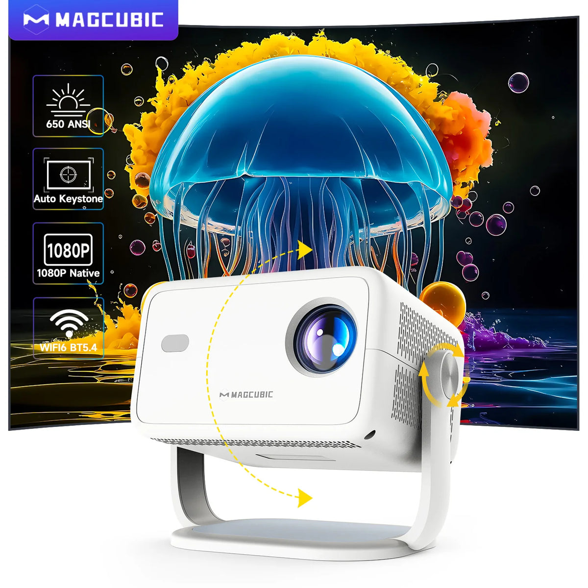 Magcubic L018 650ANSI 1080P Native Projector, 360° Rotation, Auto Focus & 6D Keystone, Android 14 WiFi6 BT5.4 8K Decoding Portable Beauty World Shop
