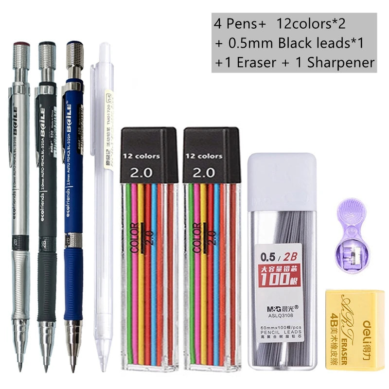 Mechanical Pencil Set 2.0 mm with 2B Black/Colors Lead Refill For Writing Sketching Art Drawing Painting School Automatic Pencil Beauty World Shop