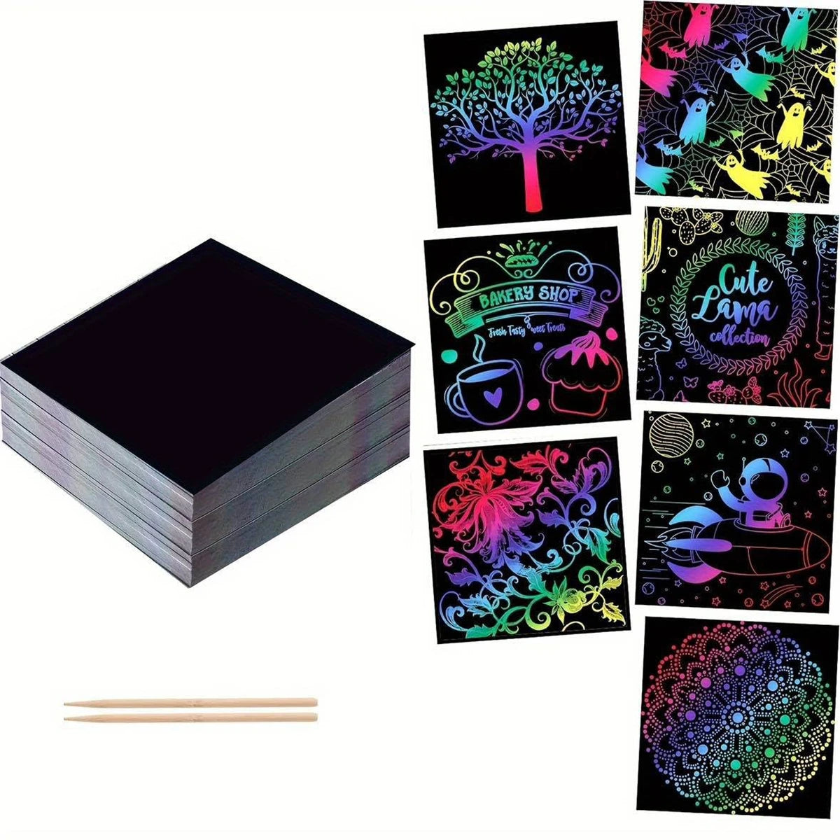 100pcs Scratch Paper Art Set Scratch Off Rainbow Magic Paper with 2 Bamboo Stylus Black Scratch Notes Xmas Birthday Gift Card Beauty World Shop