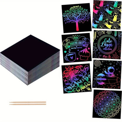 100pcs Scratch Paper Art Set Scratch Off Rainbow Magic Paper with 2 Bamboo Stylus Black Scratch Notes Xmas Birthday Gift Card Beauty World Shop
