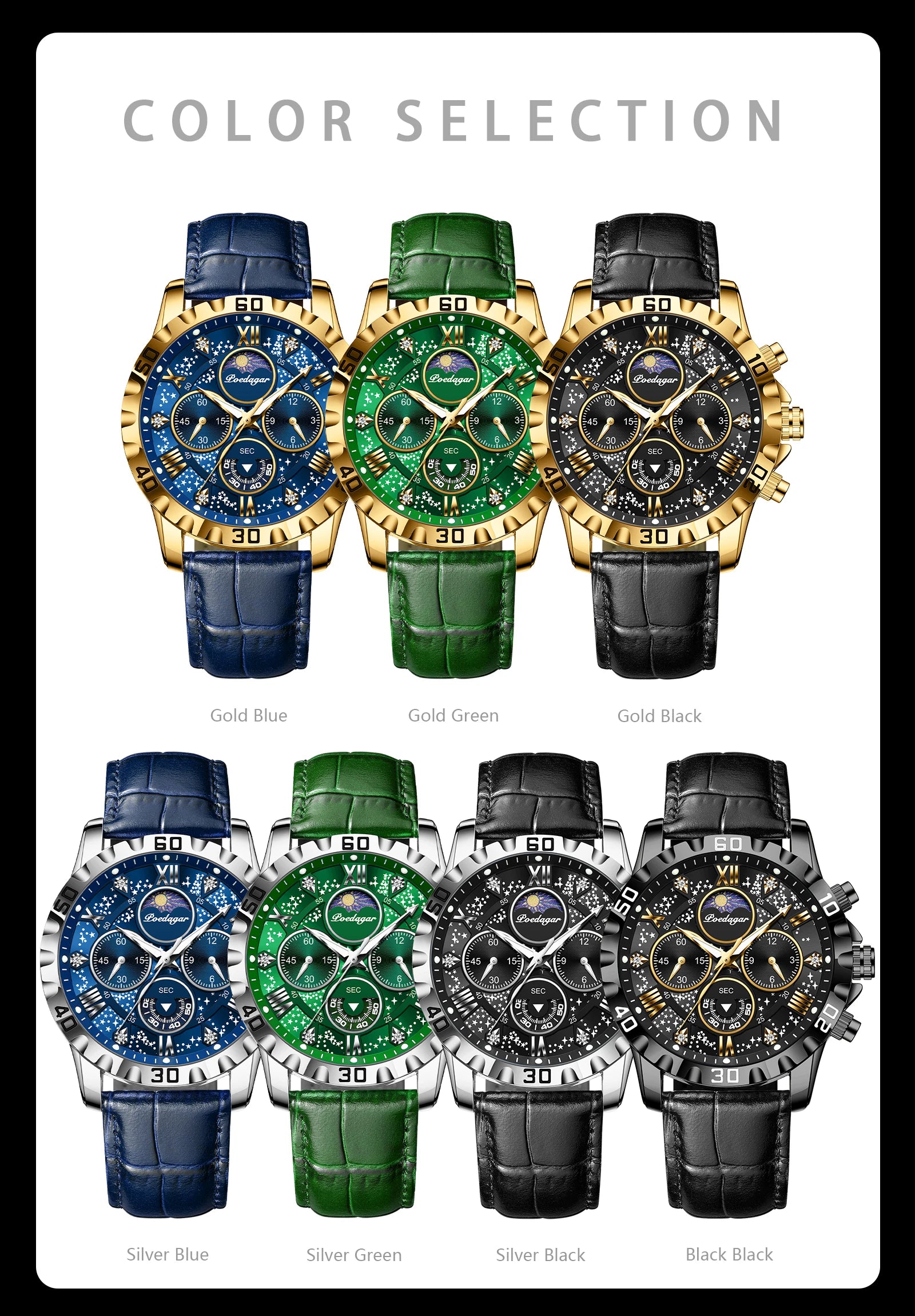 POEDAGAR Top Functional Luxury Man Wristwatch Waterproof Luminous Chronograph Leather Sports Watches For Men Quartz Men's Watch Beauty World Shop