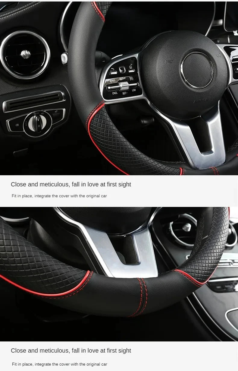 All Seasons Leather Diamond Steering Wheel Cover Universal Fit for 14 .5-15 Inch Durable Leather Cover Anti-Slip Veins Design Beauty World Shop