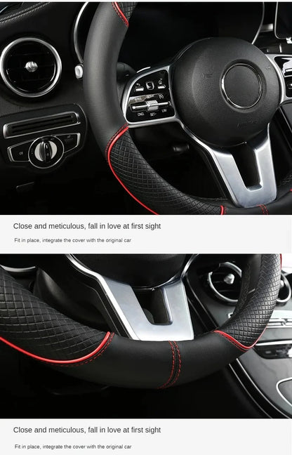 All Seasons Leather Diamond Steering Wheel Cover Universal Fit for 14 .5-15 Inch Durable Leather Cover Anti-Slip Veins Design Beauty World Shop