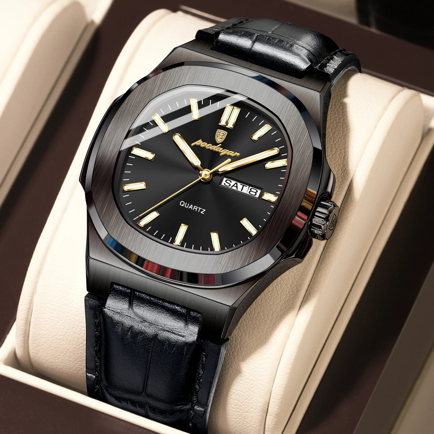 POEDAGAR Square Wristwatch For Men Luminous Waterproof Week Calendar Luxury Man Clock Leather Quartz Fashion Men's Watches Reloj Beauty World Shop