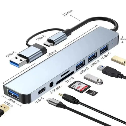 8 In 2 USB HUB With Splitter Card Reader, USB C Port, USB 3.0 / 2.0, SD/TF Splitter Card Reader, Docking Station Beauty World Shop