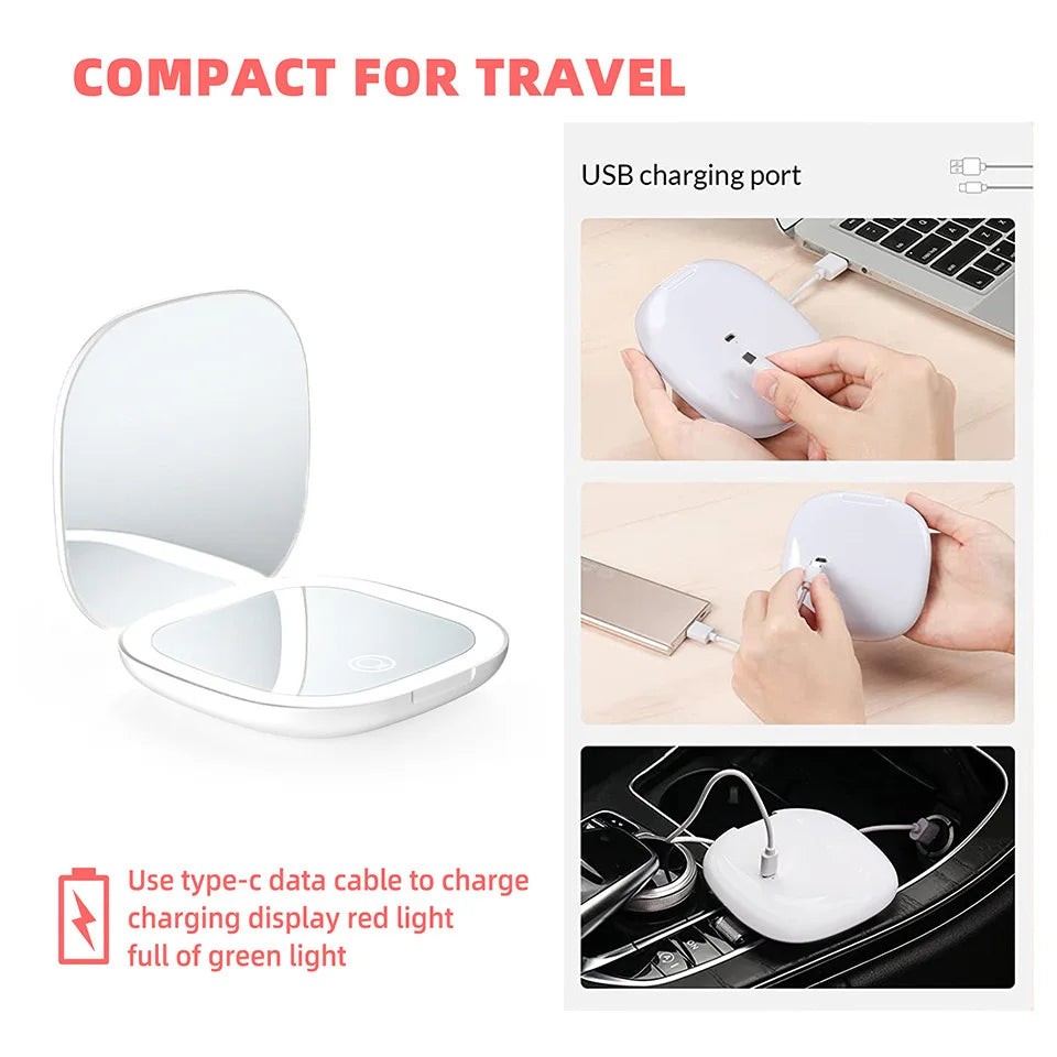 Mini Compact Foldable Pocket Hand Led Makeup Mirror With Led Light 5x/10x Magnification Rechargeable And Small Beauty World Shop