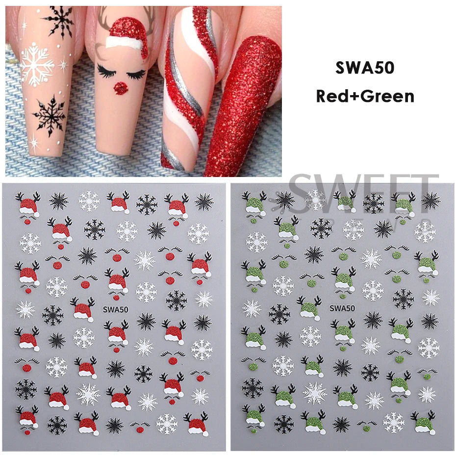 2pcs Gold Silver Christmas 3D Nail Stickers Reflective Glitter Xmas Tree Gingerbread Snowflakes Adhesive Decals Winter Manicure Beauty World Shop