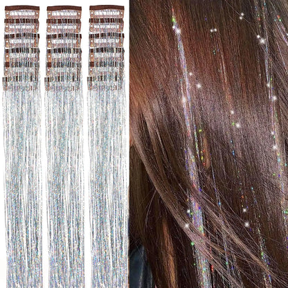 20 Inch Glitter Tinsel Hair Extensions with Clips In, 6Pcs/Set Synthetic Clip in Sparkle Fairy Hair Accessories for Women Kids Beauty World Shop