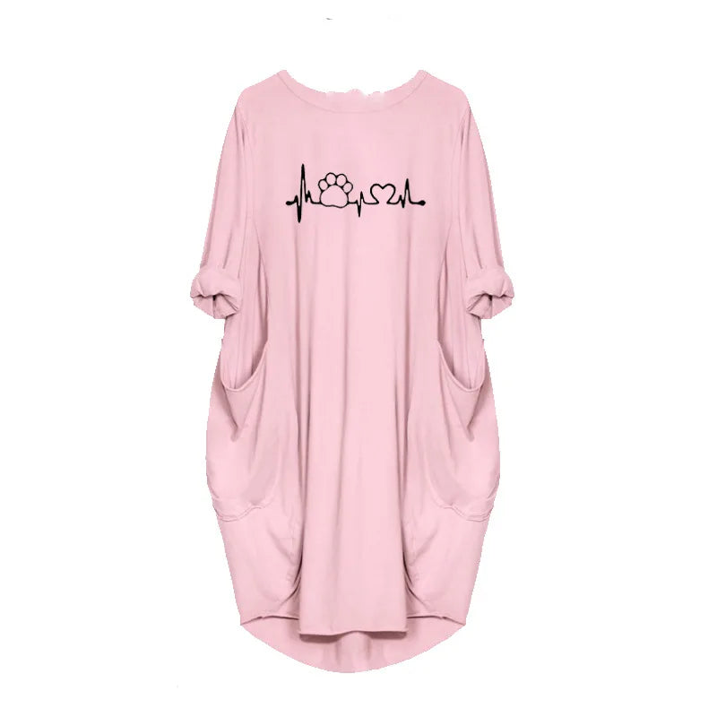 Women's Loose  Long Sleeved Summer Plus Size Dress Autumn  Winter Casual Round Neck Solid Color Long Sleeve Pocket Loose Pullove Beauty World Shop