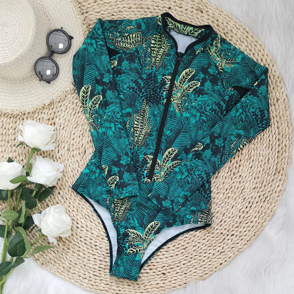 2026 Surfing Sport Swimsuit Long Sleeves Women One Piece Swimsuit  Swimwear Solid Monokini Bathing Suit Tropical Bodysuit Female Beauty World Shop