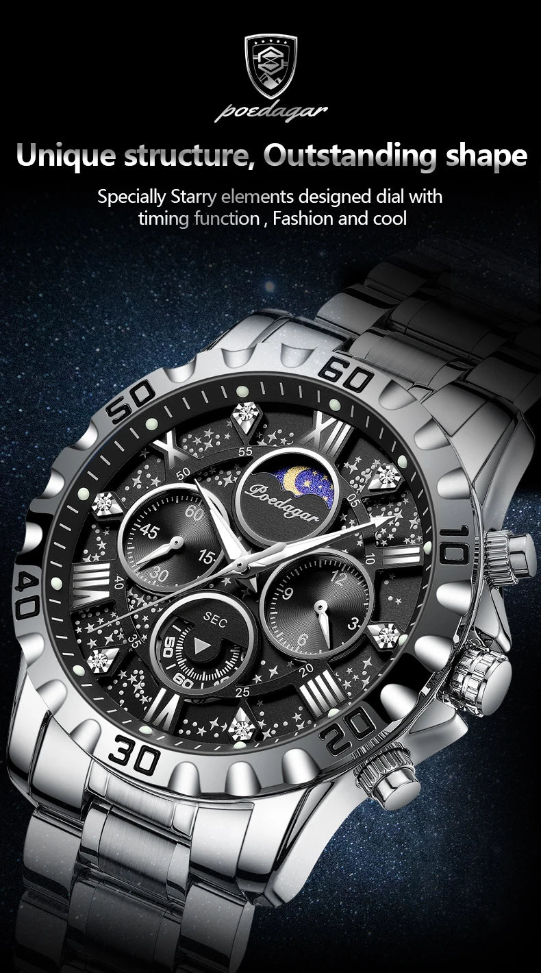 POEDAGAR Luxury Man Watch Waterproof Luminous Stainless Steel Quartz Men's Wristwatch Chronograph Military Watches For Men Reloj Beauty World Shop