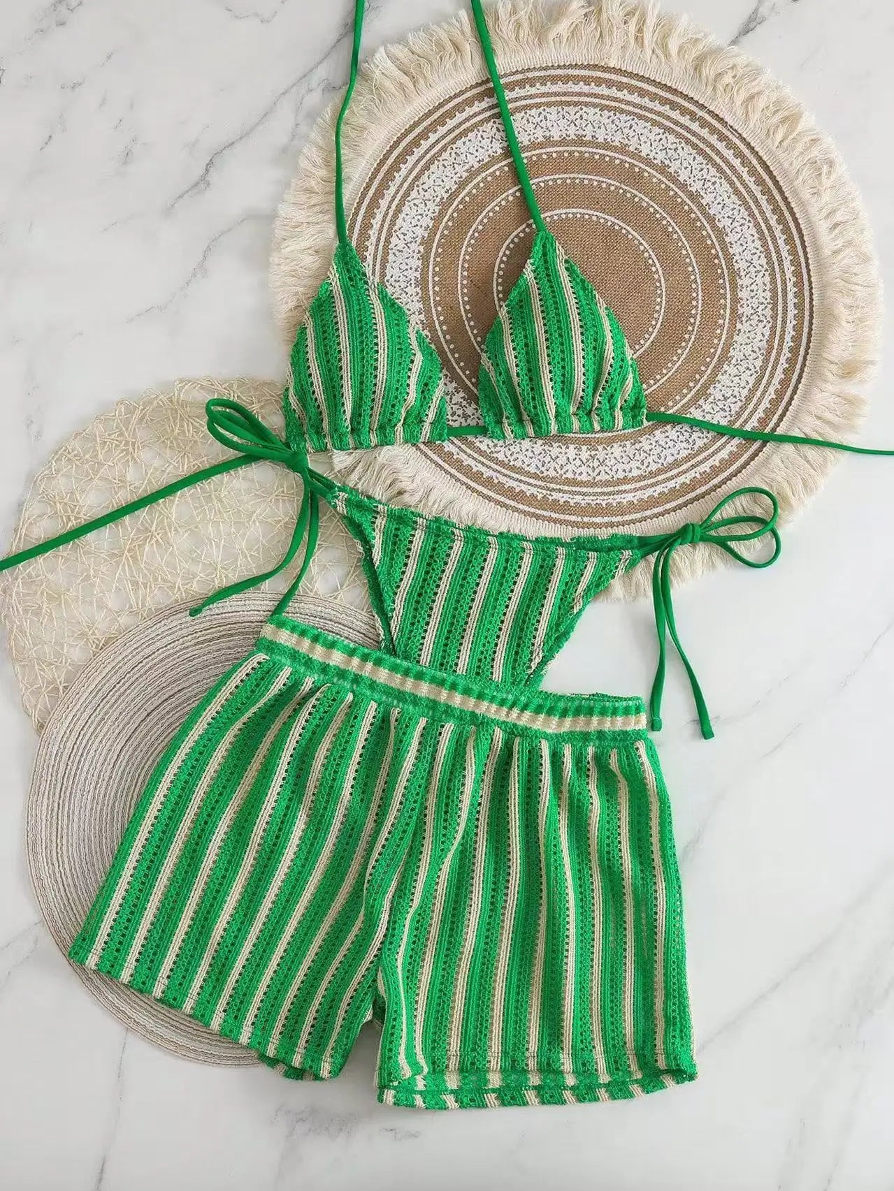 2026 new style boxer shorts mesh three-piece women's swimsuit neck lace-up bikini set Beauty World Shop