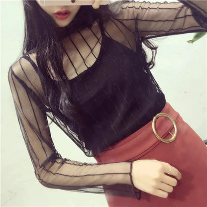 New Transparent See Through Shirt Women Sexy Harajuku Mesh Tops Net Undershirt Star Base Top Camisas Femininas Clubwear SheerTee Beauty Trend Shop