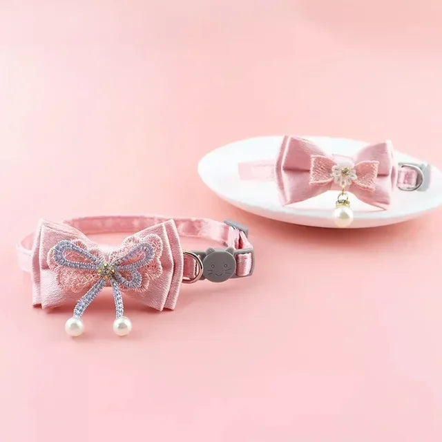 Pet Collar Pink Lace Bow Hanging Bead Cat Choker Bell Dog Cat Supplies Pet Accessories Dog Accessories Dog Cat Products Beauty World Shop