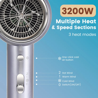 Salon 3200W Hair Dryer,Professional Ionic Hair Blow Dryer,High-speed Hair Dryer,Heat Protection Hairdryer,Hair Styling Hairdryer