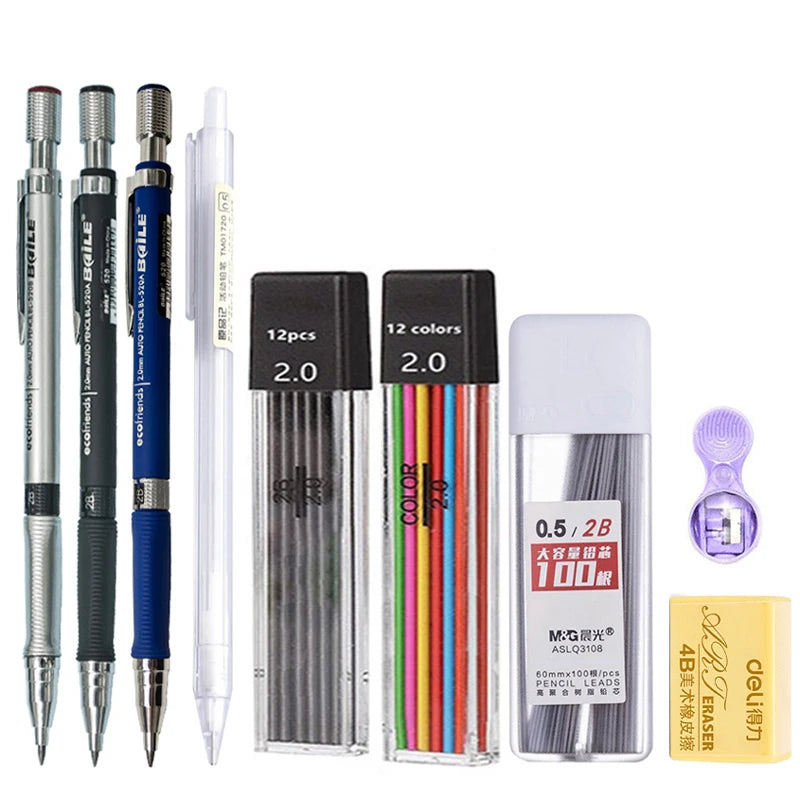 Mechanical Pencil Set 2.0 mm with 2B Black/Colors Lead Refill For Writing Sketching Art Drawing Painting School Automatic Pencil Beauty World Shop