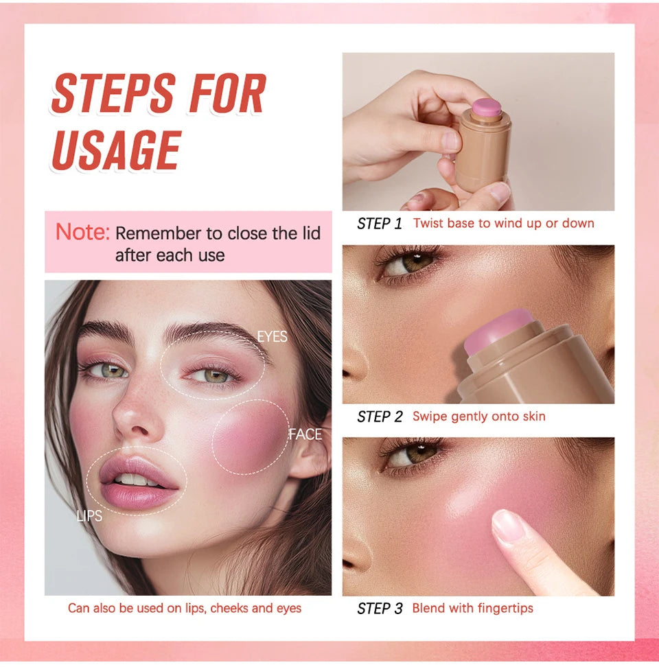 3-in-1Blush Stick Lasting Brightens Facial Cheek Stick Moisturizing Flash Lip Gloss Makeup Lip Gloss Face Rouge Beauty World Shop